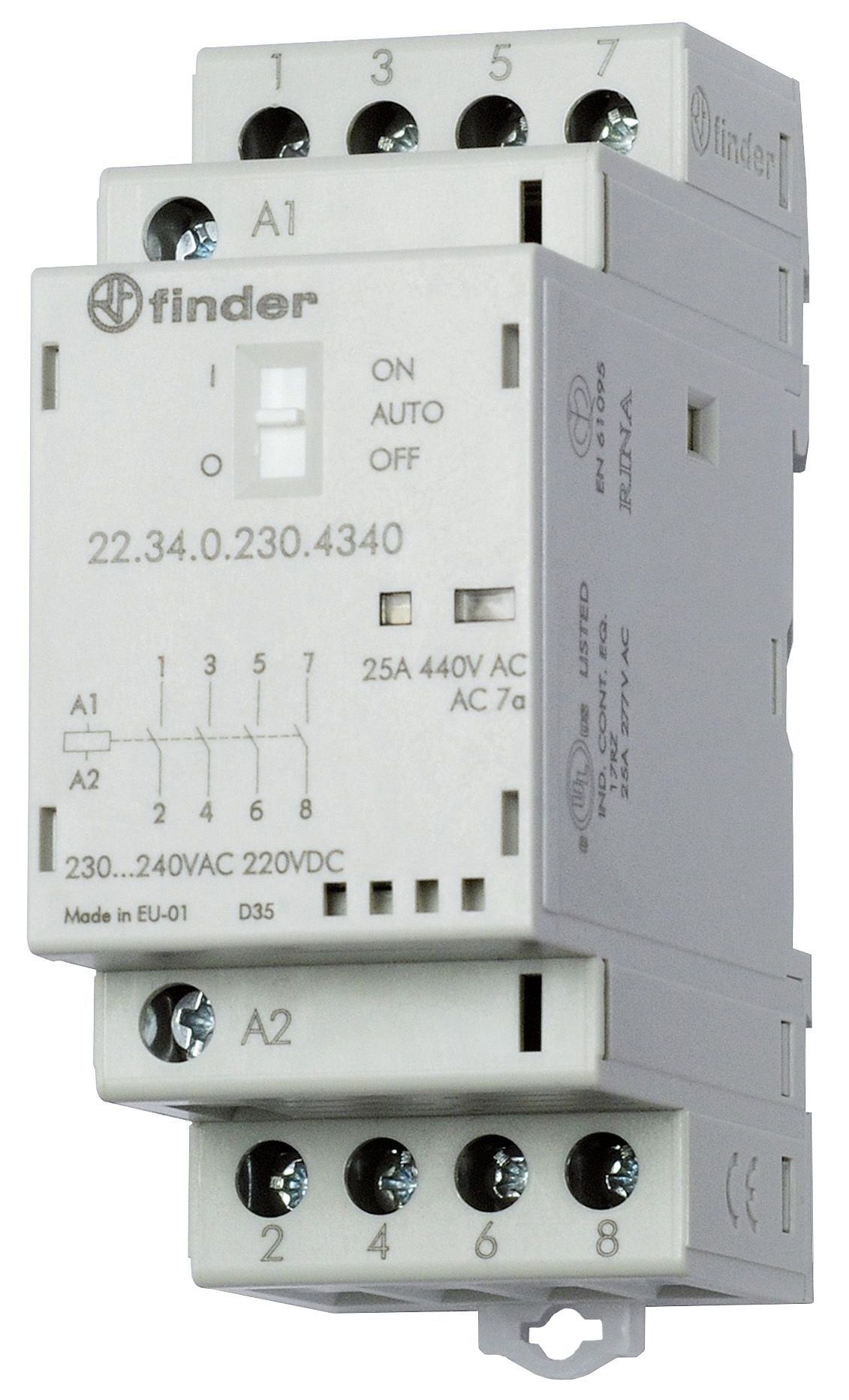 Finder 223402304340 Installationsschütz für Reiheneinbau, 4 Schließer, 25 A, Spule 230 V AC/DC, On-Auto-Off - Schalter, LED-Anzeige