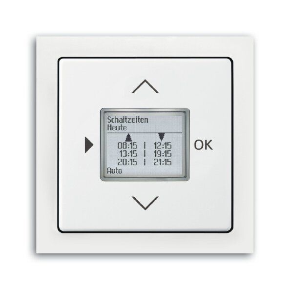 Busch-Jaeger 6435-84 Zentralscheibe für Timer/Raumtemperatur-Regler-Bedienelement mit Aufdruck Symbol "Pfeiler" und "OK", studioweiß glänzend, Plattform 63
