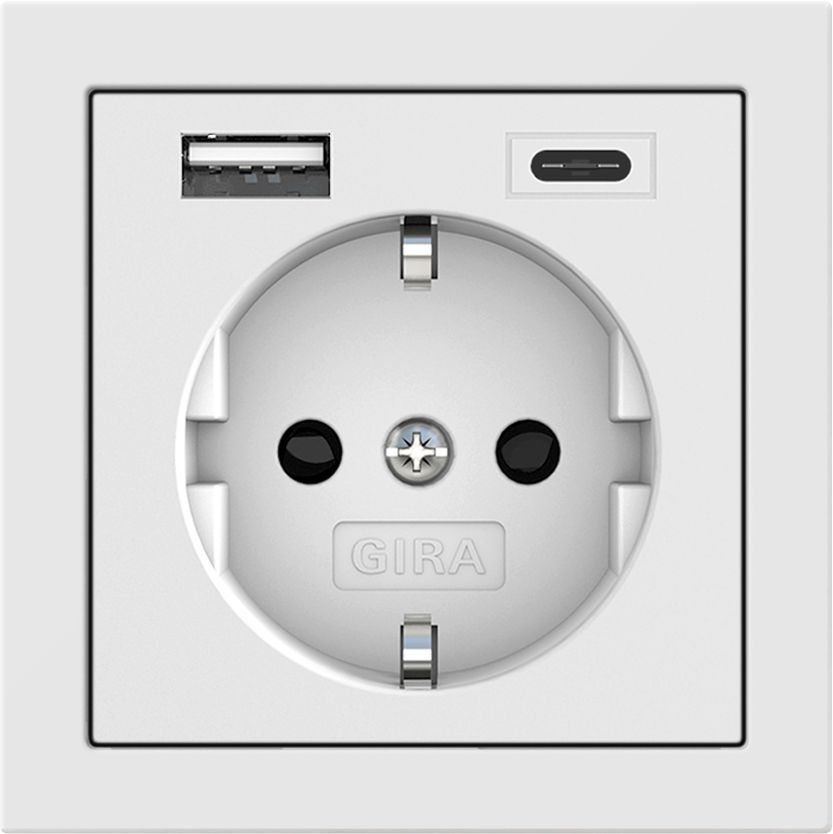 Gira 245970 Schutzkontakt-Steckdose  mit erhöhtem Berührungsschutz (Safety Plus) und USB-Spannungsversorgung 2-fach Typ A / Typ C, Flächenschalter, reinweiß glänzend