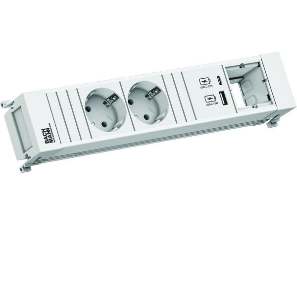 Bachmann 916.702 Einbau-Steckdosenleiste POWER FRAME Medium, 2x Schutzkontaktsteckdose, 1x Custom Module, 1x USB A/C 22 W, 0,2 m GST18, aluminium/weiß