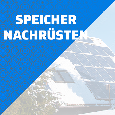 Navigationsbild mit Verlinkung zu "Speicher nachrüsten" und im Hintergrund ein PV-Dach halb mit Schnee bedeckt