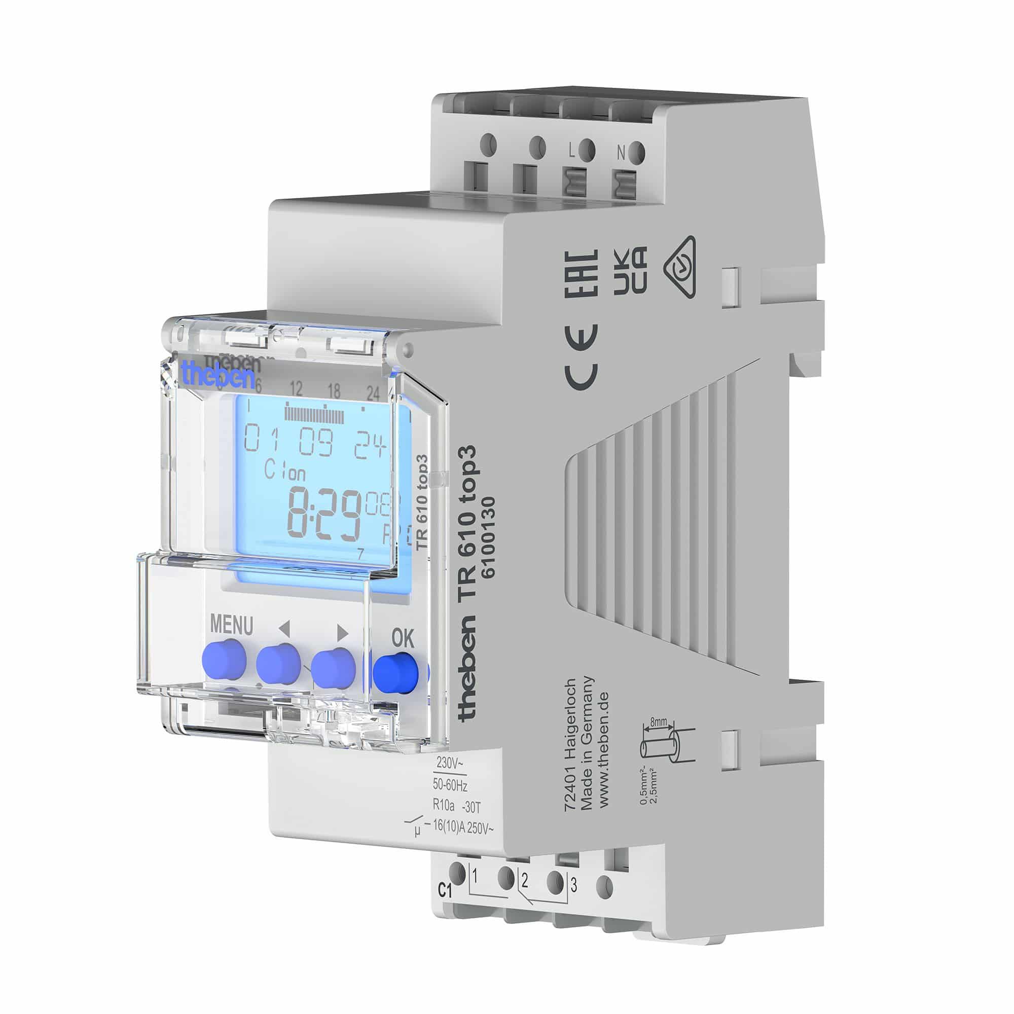 Theben 6100130 TR 610 top3 Digitale 1-Kanal Zeitschaltuhr, App, 600 W LED, Zeitschalter, 10 Jahre Gangreserve, Nulldurchgangsschaltung, Dauerschaltung EIN/AUS, DIN-/Hutschiene, Schaltungsvorwahl