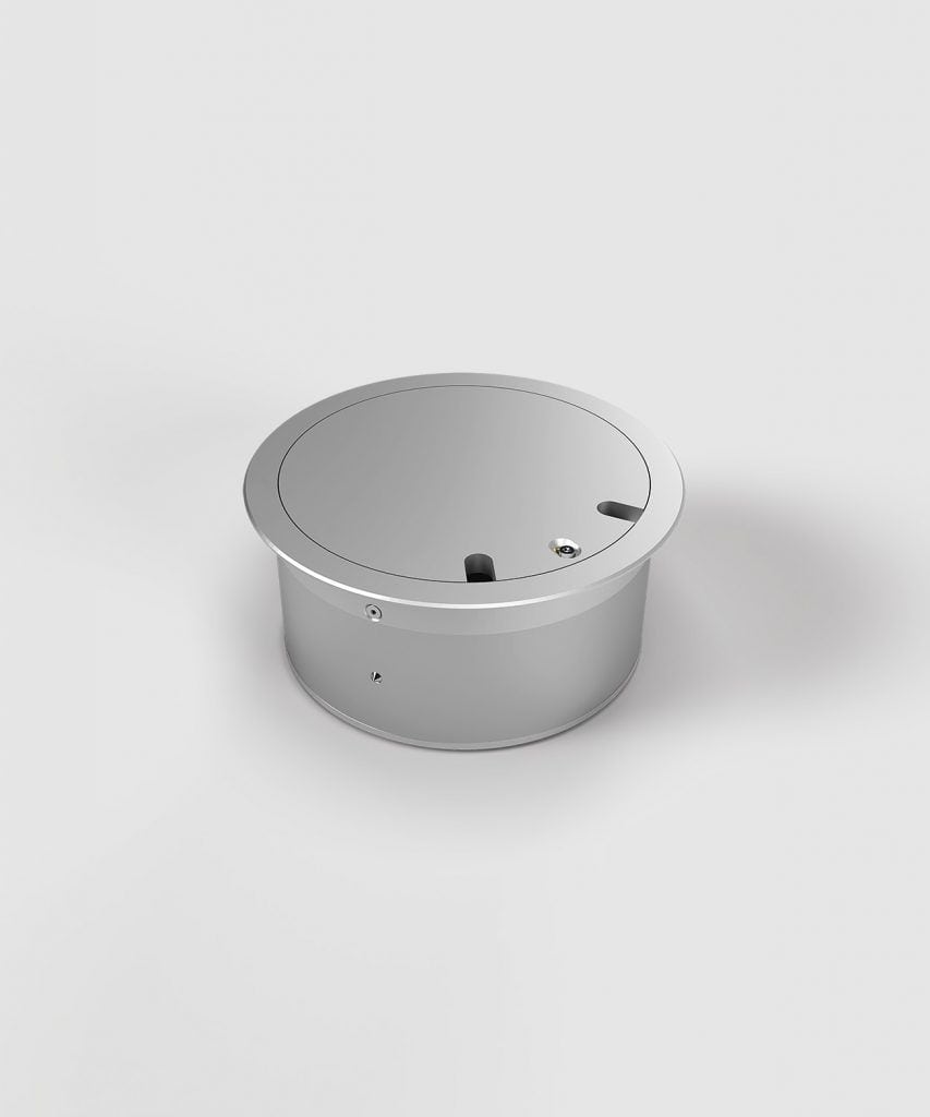 BS 9902D-2-3 Bodensteckdose, 2-fach, rund, drehbar (IP65), aufliegender Deckel aus Aluminium, 1x Schutzkontakt-Steckdose, 1x RJ45 2-fach