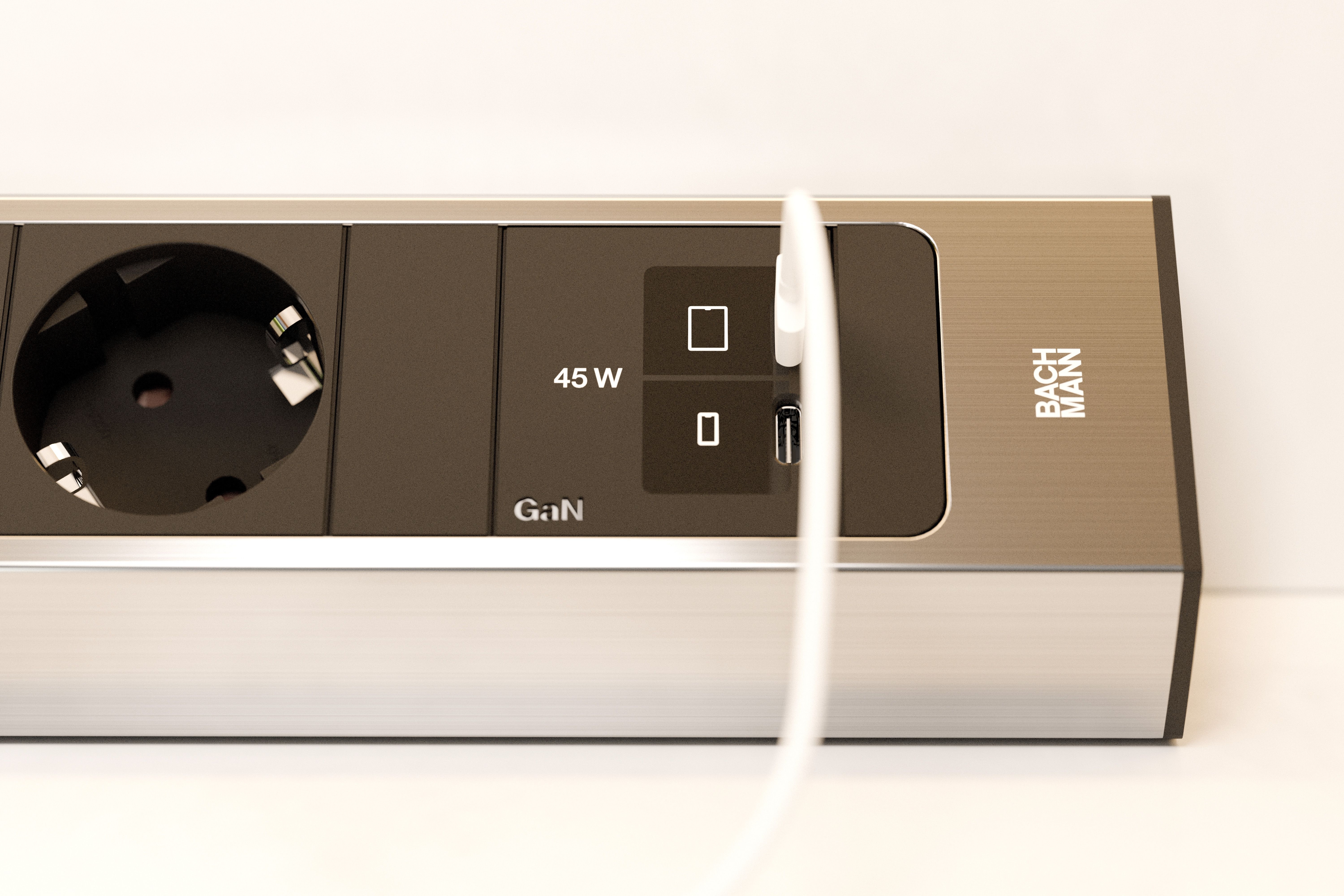 Bachmann BM0023172 Steckdosenleiste CASIA 2 Kurz, 2x Schutzkontaktsteckdose, 1x USB C/C 45W, 2,0 m Aderendhülsen und beigelegter Montagestecker, edelstahl