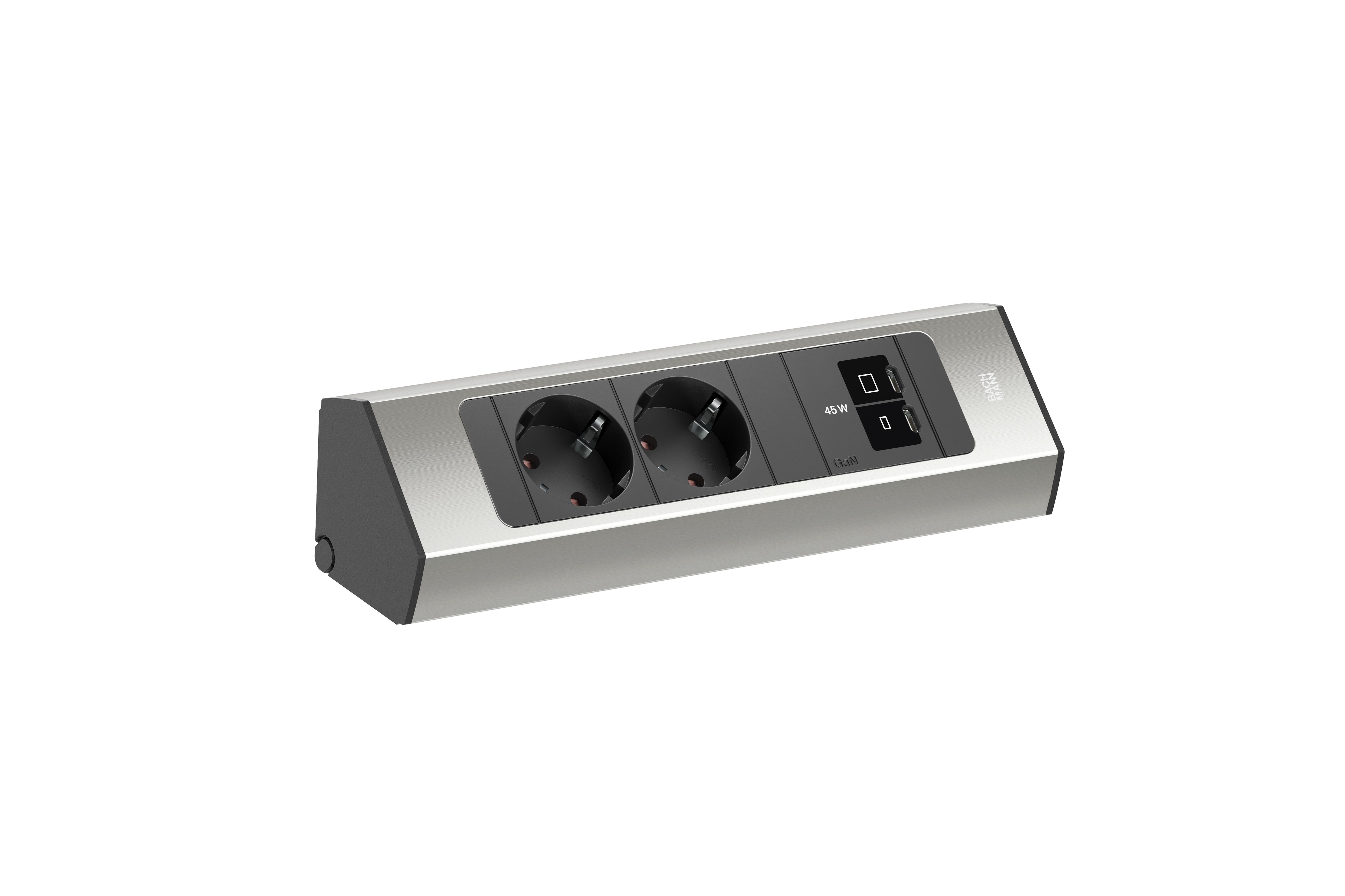 Bachmann BM0023172 Steckdosenleiste CASIA 2 Kurz, 2x Schutzkontaktsteckdose, 1x USB C/C 45W, 2,0 m Aderendhülsen und beigelegter Montagestecker, edelstahl