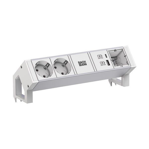 Bachmann 937.413 Steckdosenleiste DESK2, 2x Schutzkontaktsteckdose, 1x Custom Module, 1x USB A/C 22 W, 0,2 m GST18, inklusive Haltewinkel, aluminium/weiß