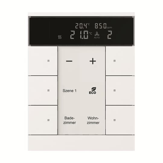 Busch-Jaeger SBC/U6.0.11-884 Raumtemperaturregler mit CO₂/Feuchte-Sensor, 6-fach mit Bedienfunktion, studioweiß matt, Busch-Tenton
