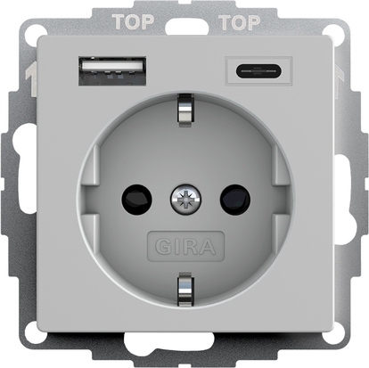 Gira 2459015 Schutzkontakt-Steckdose mit erhöhtem Berührungsschutz (Safety Plus) und USB-Spannungsversorgung 2-fach Typ A/C, System 55, grau matt