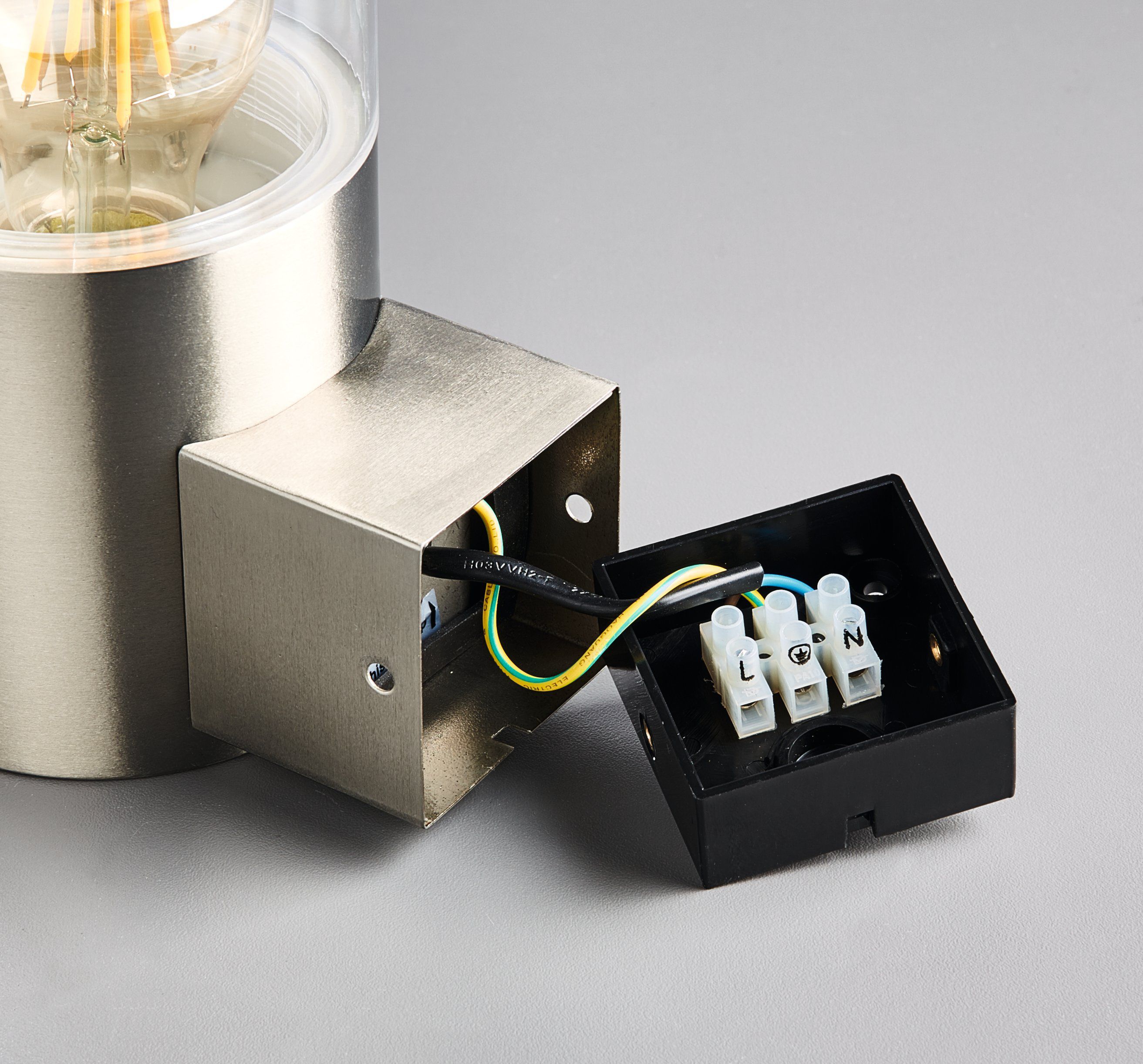 Heitronic 500681 Wandleuchte Naxos, für E27 bis max. 12 W, IP44, Höhe 230 mm, edelstahl