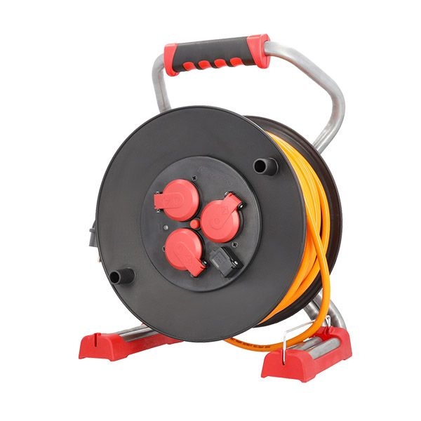 Bachmann 399.193 Profi-Kabeltrommel Kunststoff 40 m H07RN-F 3G 1,5 qmm mit Thermoschutz, 3x Schutzkontaktsteckdose, 1x USB-A 5V/1A, 1x Schutzkontaktstecker, IP44, rot/schwarz