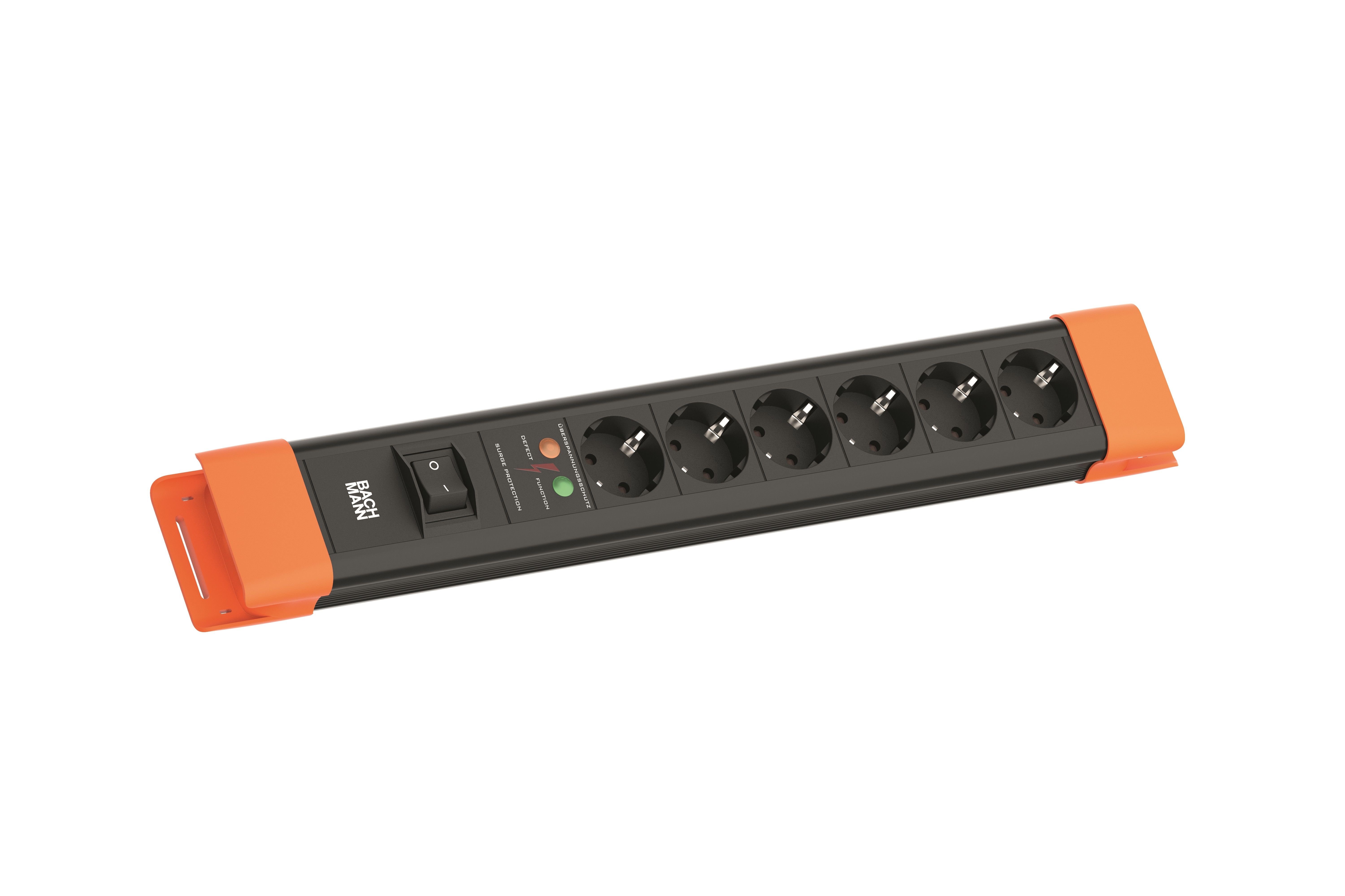 Bachmann BM005916 Steckdosenleiste CONNECTUS, 6x Schutzkontaktsteckdose, 1x Überspannungsschutz, 1x Schalter, 2,0 m Schutzkontaktwinkelstecker, schwarz / orange