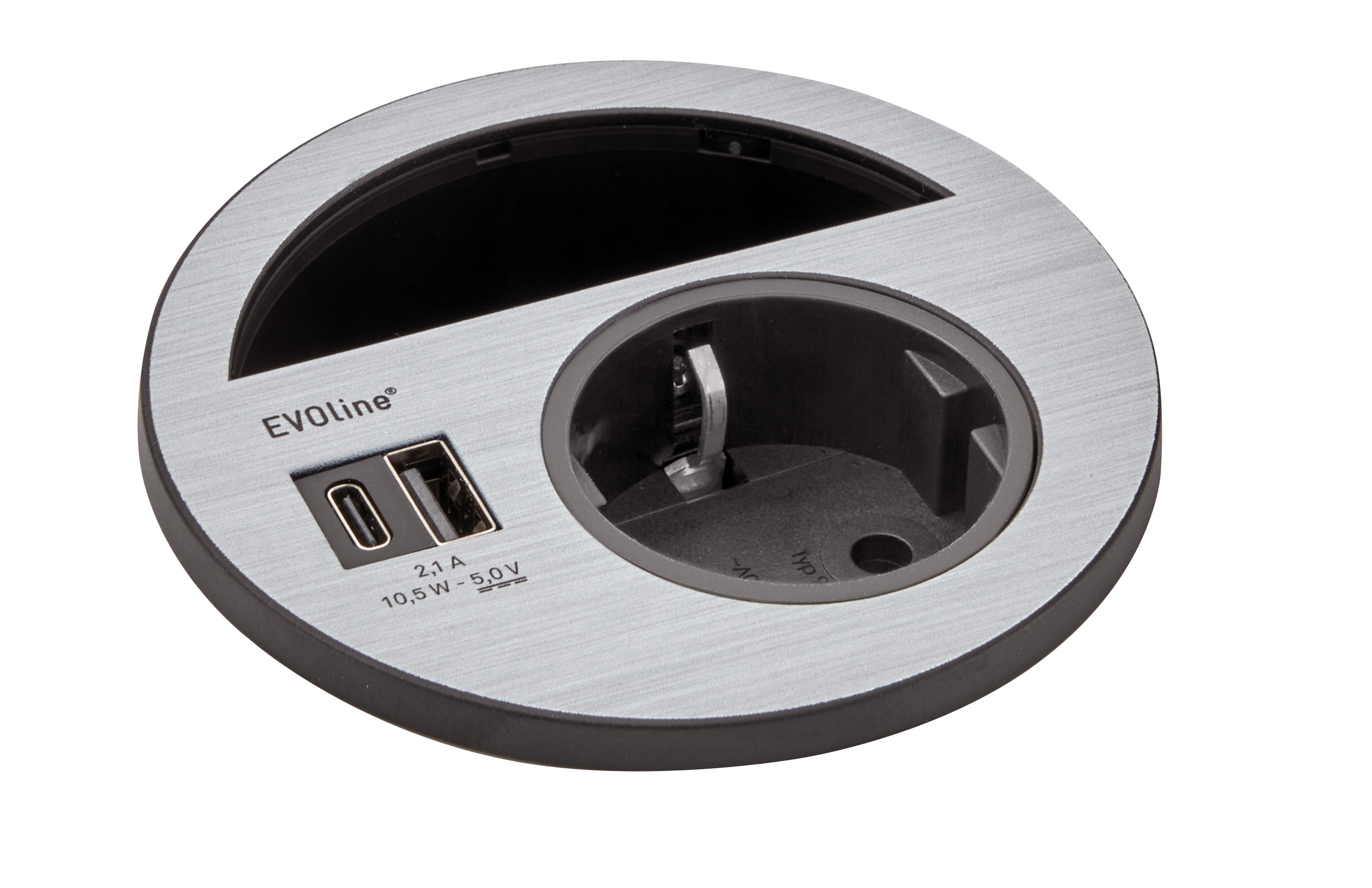 EVOline® 159273013701 Tisch-Einbausteckdose Circle80, Edelstahl, VDE Steckdose, USB Charger Typ A+C, schwarz