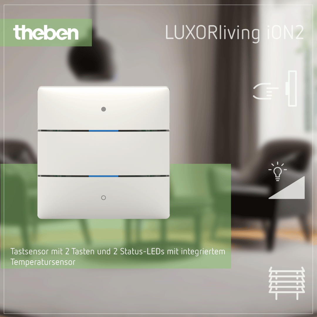 LUXORliving iON2 Tastsensor – Steuerung mit 2 Tasten und integriertem Temperatursensor Theben LUXORliving iON2 Tastsensor mit 2 Tasten, 2 Status-LEDs und integriertem Temperatursensor