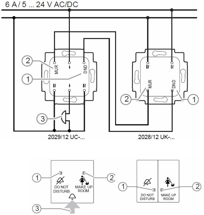 Busch-Jaeger 2028/12 UK Wippkontrollschalter-Einsatz "Bitte nicht stören / Zimmer herrichten", 24 V, mit LED