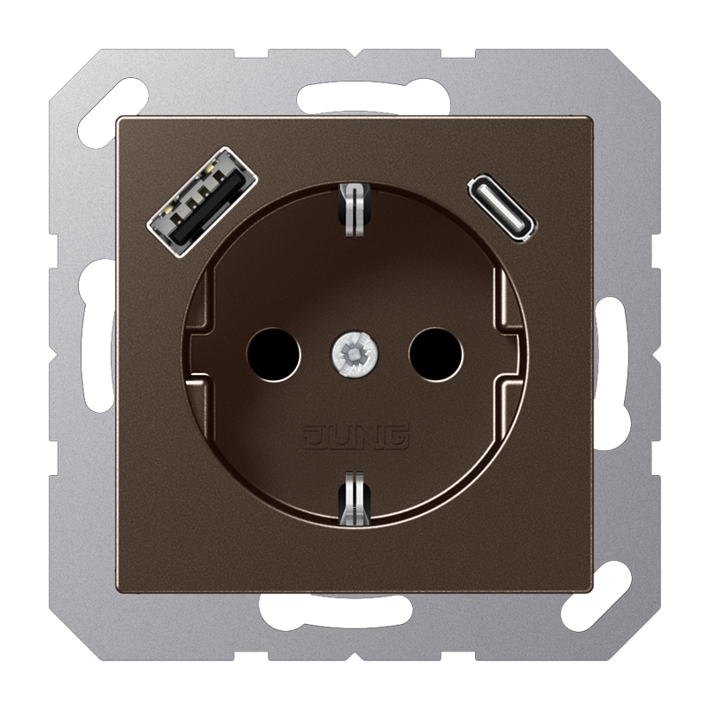 Jung A1520-15CAMO Schutzkontakt-Steckdose 16 A, mit USB-Ladegerät 1 x Typ A + 1 x Typ C, SAFETY+, Serie A, mokka