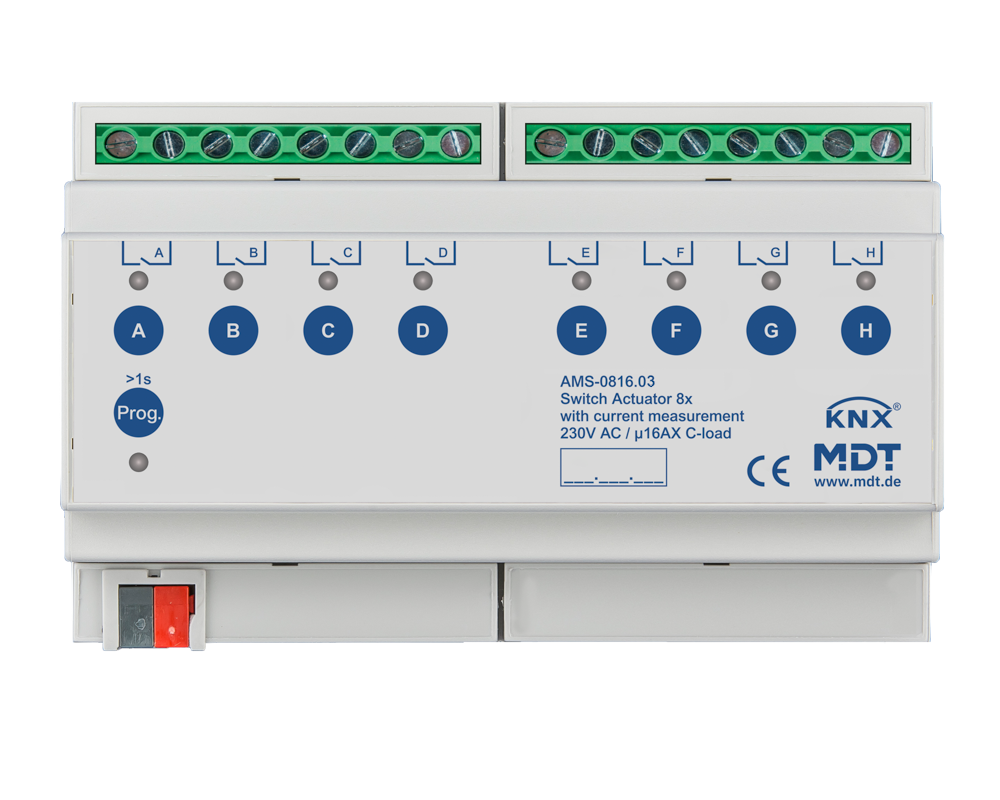 MDT AMS-0816.03 Schaltaktor 8-fach, 8TE, REG, 16 A, 230 V AC, C-Last mit Strommessung, 140 µF