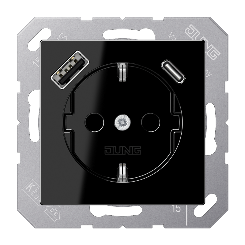 Jung A1520-15CASW Schutzkontakt-Steckdose 16 A, mit USB-Ladegerät 1 x Typ A + 1 x Typ C, SAFETY+, Serie A, schwarz