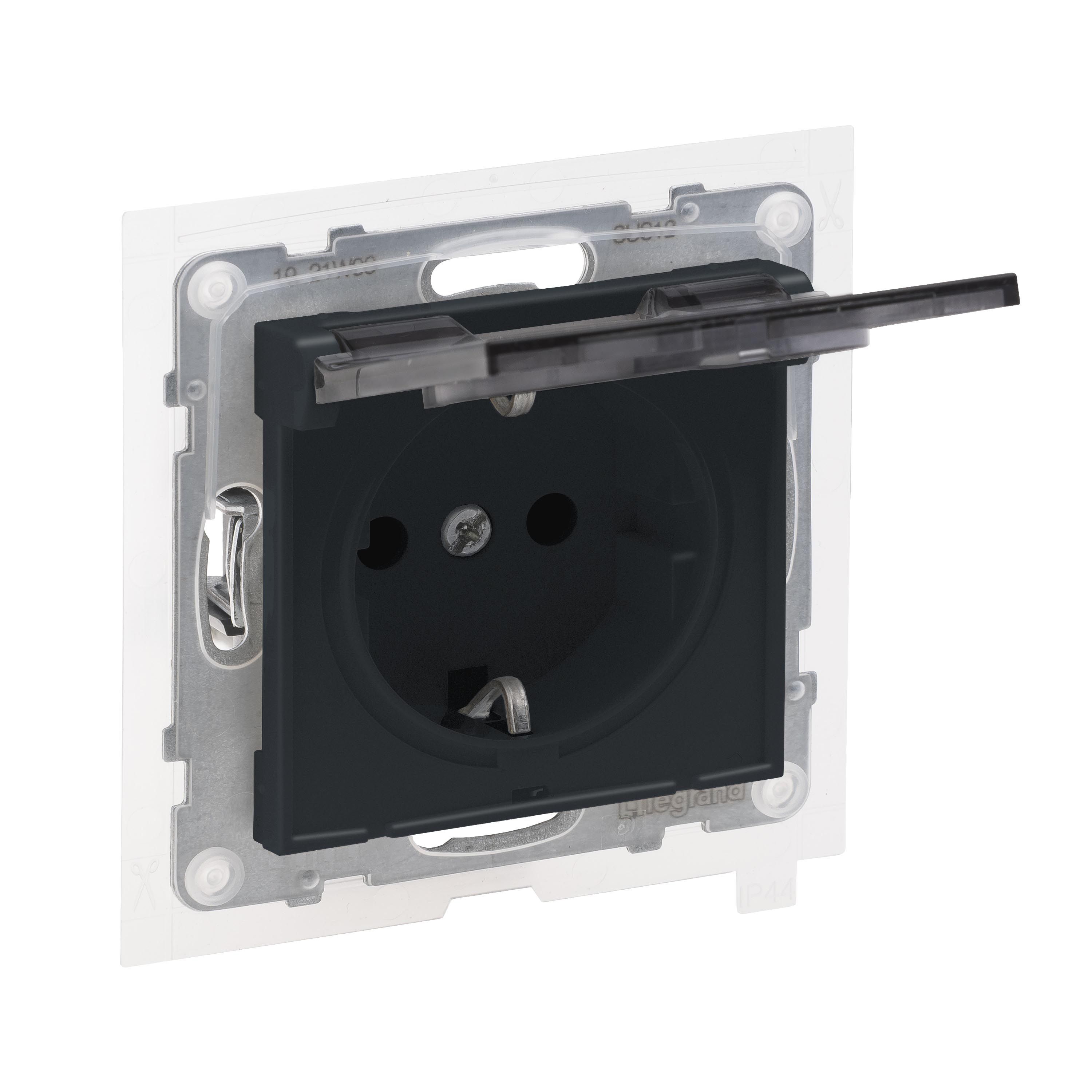 Legrand 765424 SEANO Schutzkontakt-Steckdose, Steckklemmen, 16 A, 250 V, mit erhöhtem Berührungsschutz, Klappdeckel IP44, anthrazit lackiert