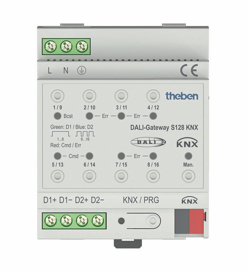 Theben 4940302 DALI-Gateway S128 KNX Schnittstelle zwischen DALI-System und dem KNX-Bus, 2 Kanäle für 2x64 DALI-Leuchten