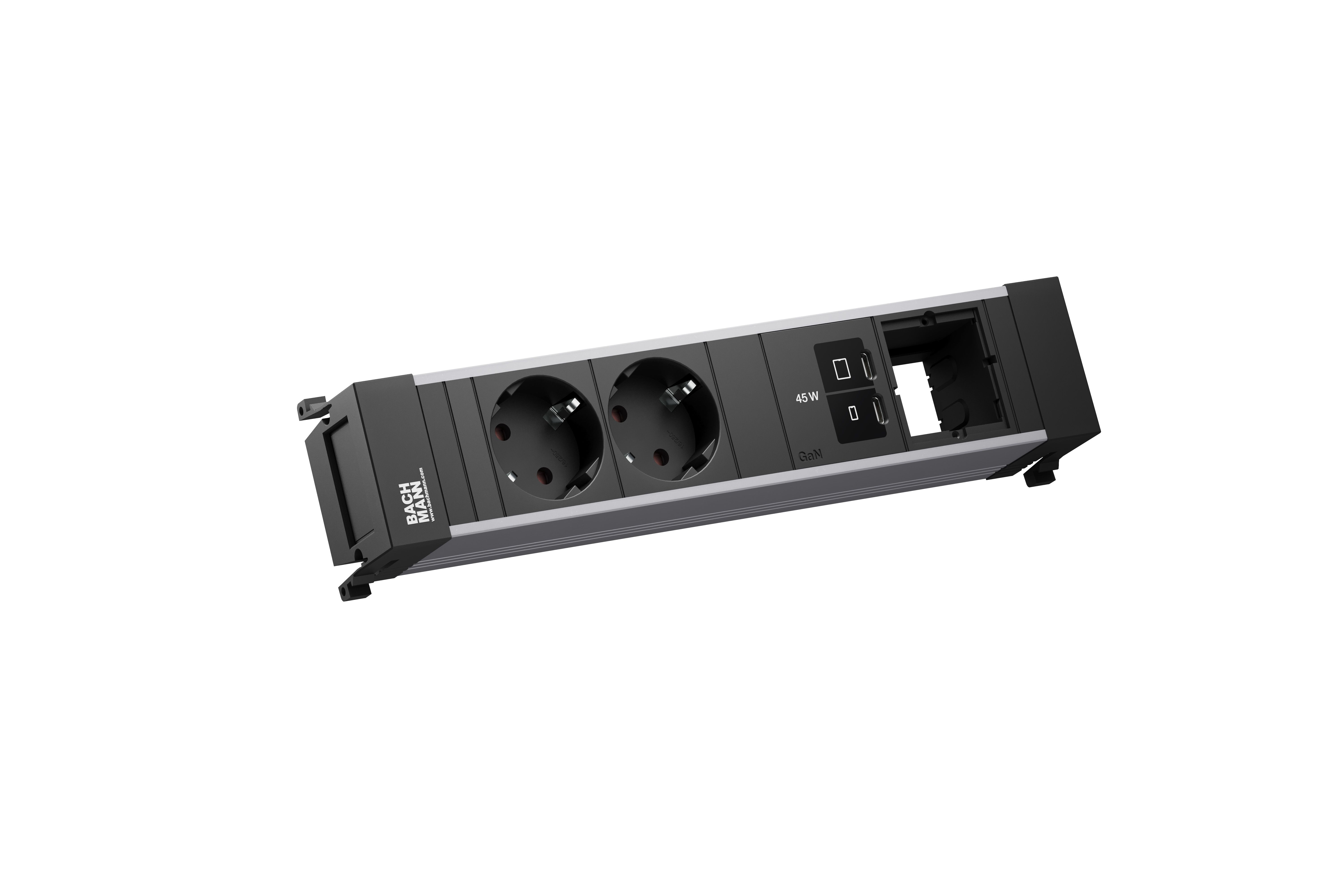 Bachmann BM0024207 Einbau-Steckdosenleiste POWER FRAME Medium, 2x Schutzkontaktsteckdose, 1x USB C/C 45 W, 1x Custom Module, 0,2 m GST18, schwarz