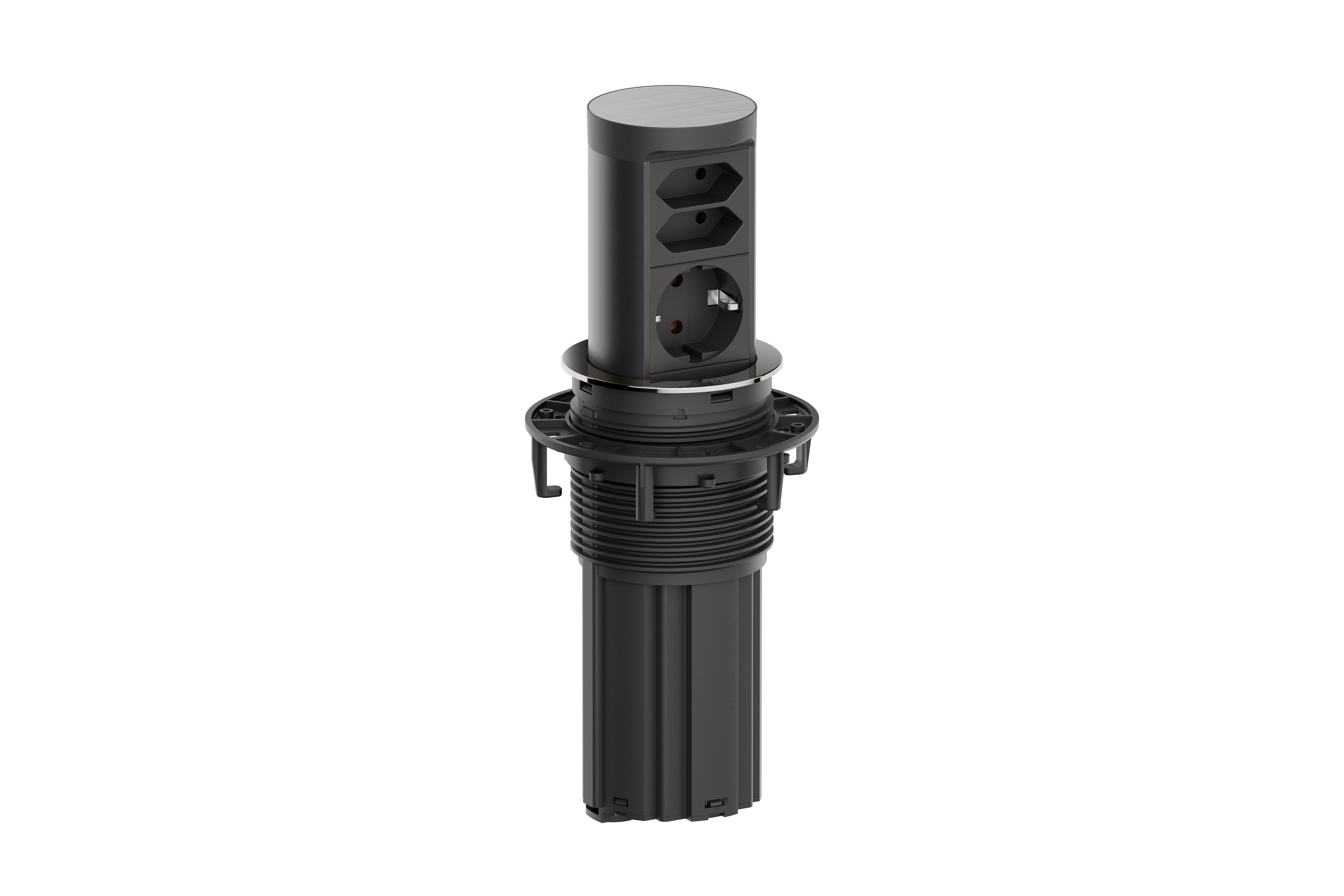 Bachmann BM0020489 Steckdoseneinheit ELEVATOR 2, versenkbar, 1x Schutzkontaktsteckdose, 2x Euro-Steckdose, 2,0 m Aderendhülsen und Montagestecker, edelstahl