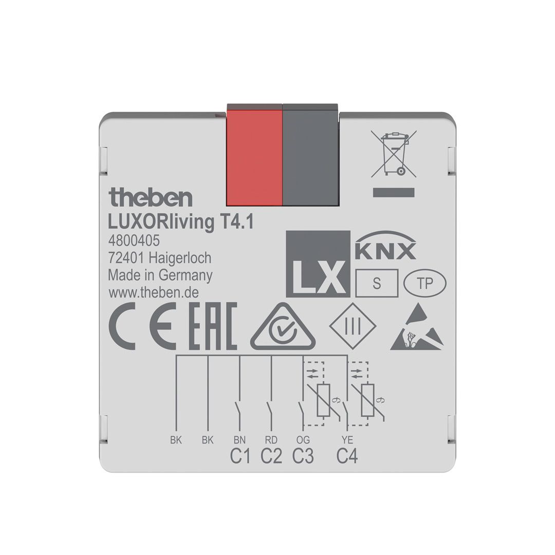 Theben 4800405 LUXORliving T4.1, 4-fach Binäreingang-Tasterschnittstelle, Softwarefunktionen Schalter/Taster, Dimmen, Jalousie