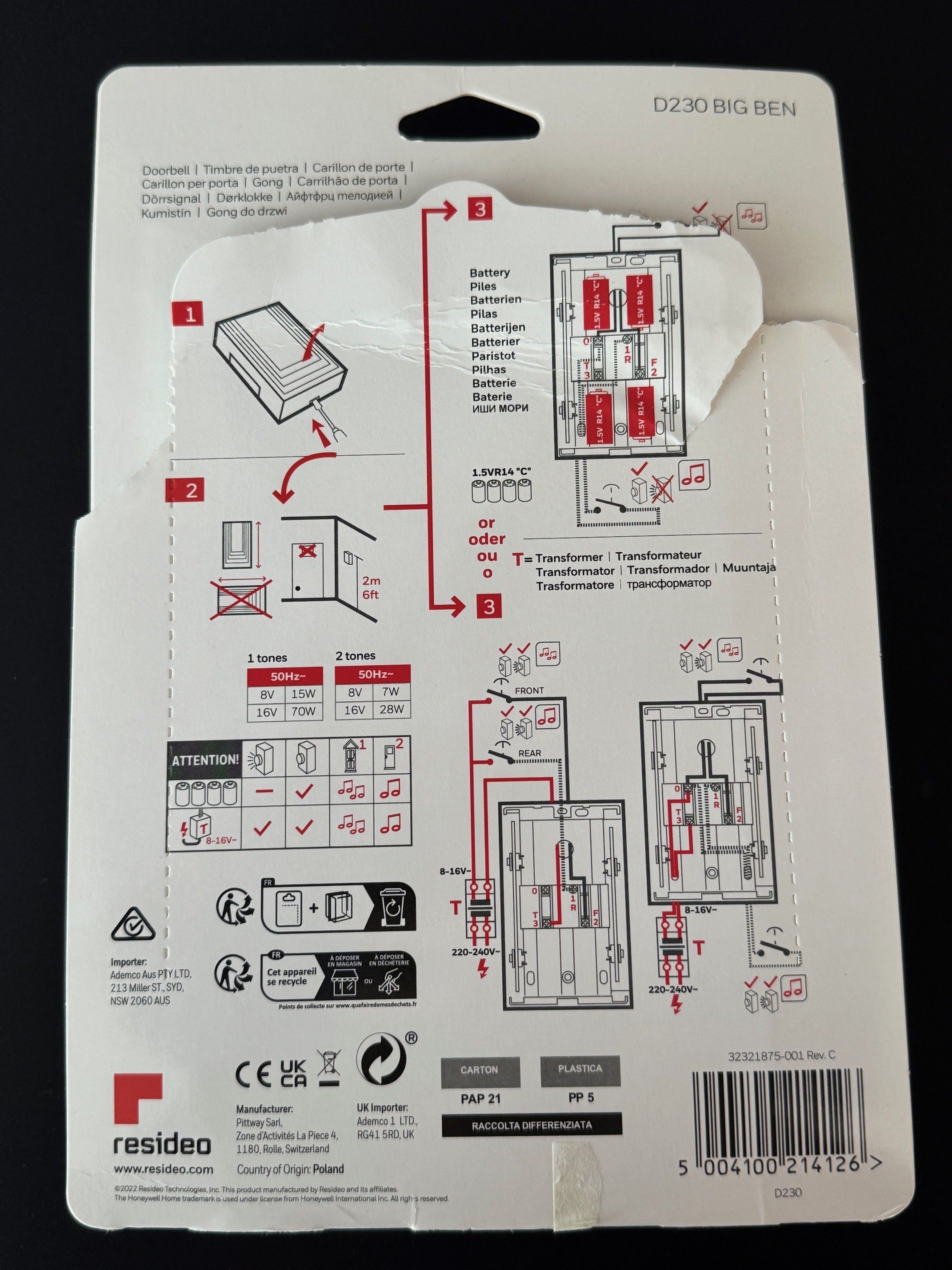B - Ware Honeywell D230 Big Ben, Haustürklingel Doppel-/ Einzelklang, 80dB