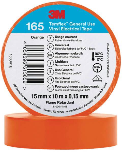 3M 7100184728 Temflex Vinyl-Isolierband 165, 15 mm x 10 m, orange