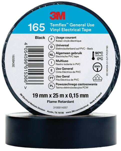 3M 7100184810 Temflex Vinyl-Isolierband 165, 19 mm x 25 m, schwarz