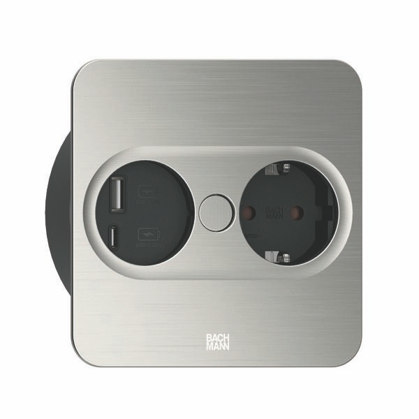 Bachmann 946.005 Steckdoseneinheit TWIST 2, 1x Schutzkontaktsteckdose, 1x USB A/C 22 W, 2,0 m Aderendhülsen und Montagestecker, eckig, edelstahl