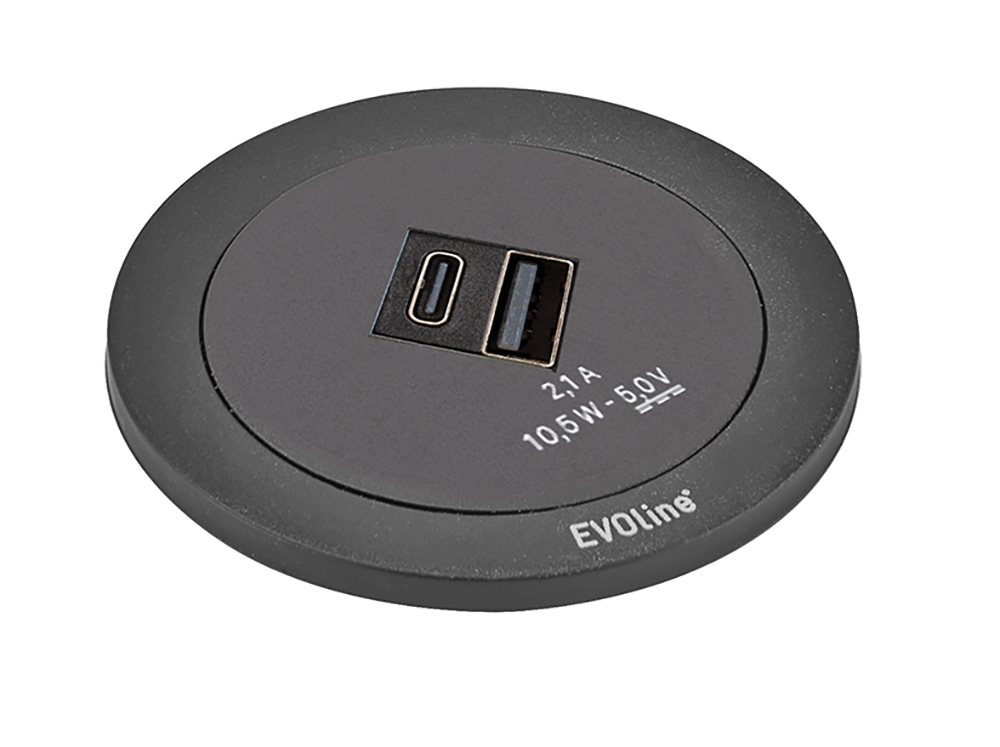 EVOline® 159280014800 One mit Doppel USB Charger Typ A + C, Netzanschlusskabel 3 m, schwarz