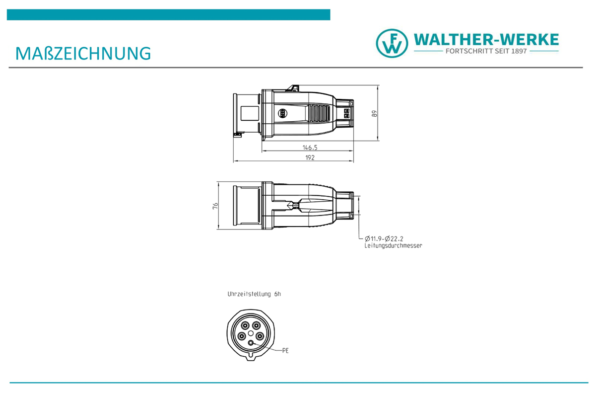 Walther Electric FW230506CC CEE NEO Stecker One-Touch, 400V, 32A, 5P, 6h, IP54, mit Käfigzugfeder-Technik