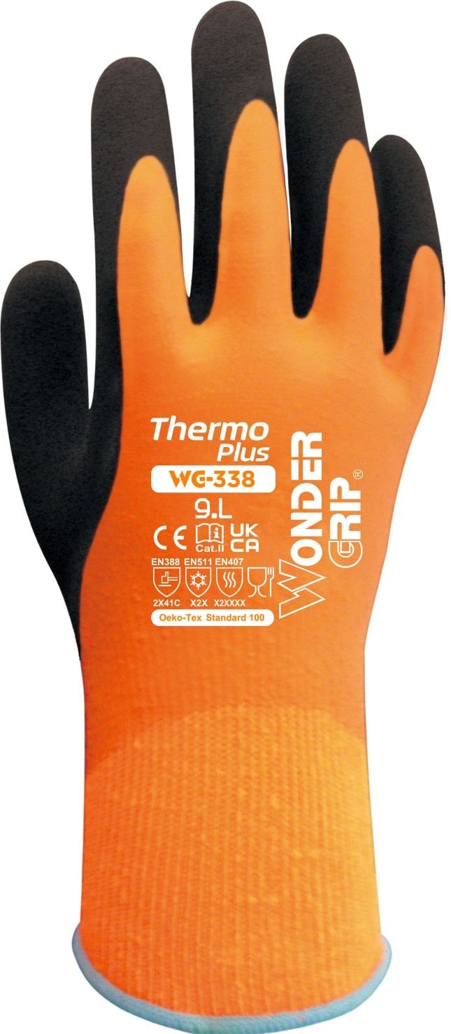 Wonder Grip® WG-338 Arbeitshandschuh Thermo Plus, Gr. XXL/11, vollständig doppelt latexbeschichtet, Kälteschutz, Hitzeschutz, Schnittschutz, orange/schwarz