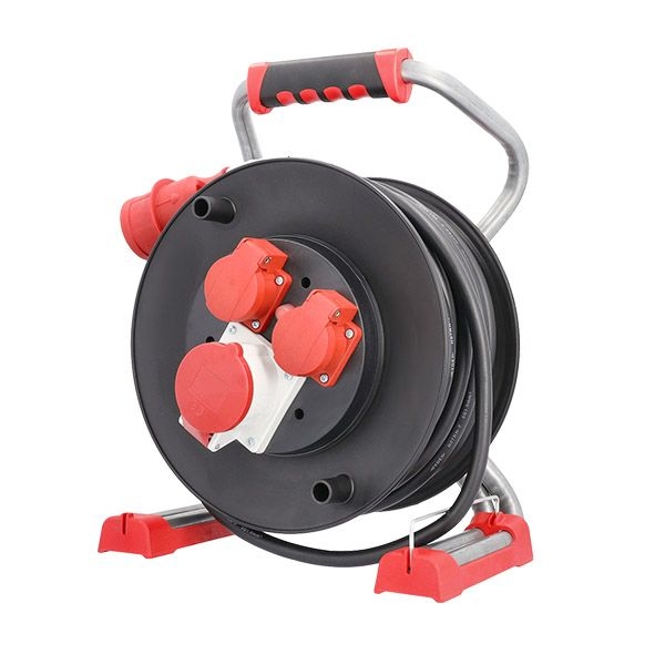 Bachmann 399.196 Profi-CEE-Kabeltrommel Kunststoff 25 m H07RN-F 5G 1,5 qmm mit Thermoschutz, 2x Schutzkontaktsteckdose, 1x CEE-Steckdose 16 A 400 V, CEE-Stecker 16A, IP44, rot/schwarz
