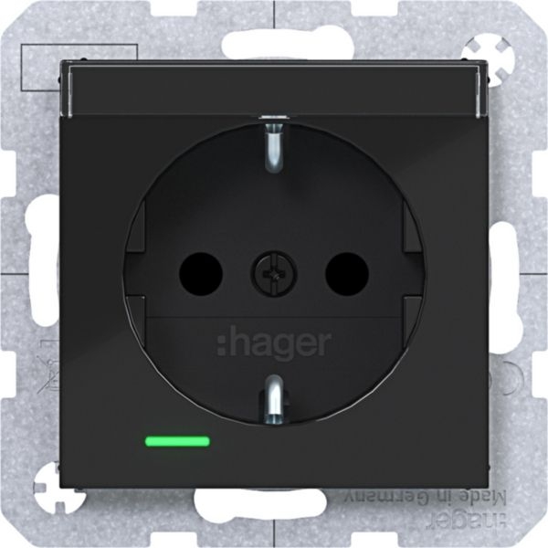 Hager WAS1402BG Schutzkontaktsteckdose mit K-LED, mit Beschriftungsfeld, erhöhter Berührungsschutz, Schraubliftklemmen, A.x/C.x, nachtschwarz glänzend