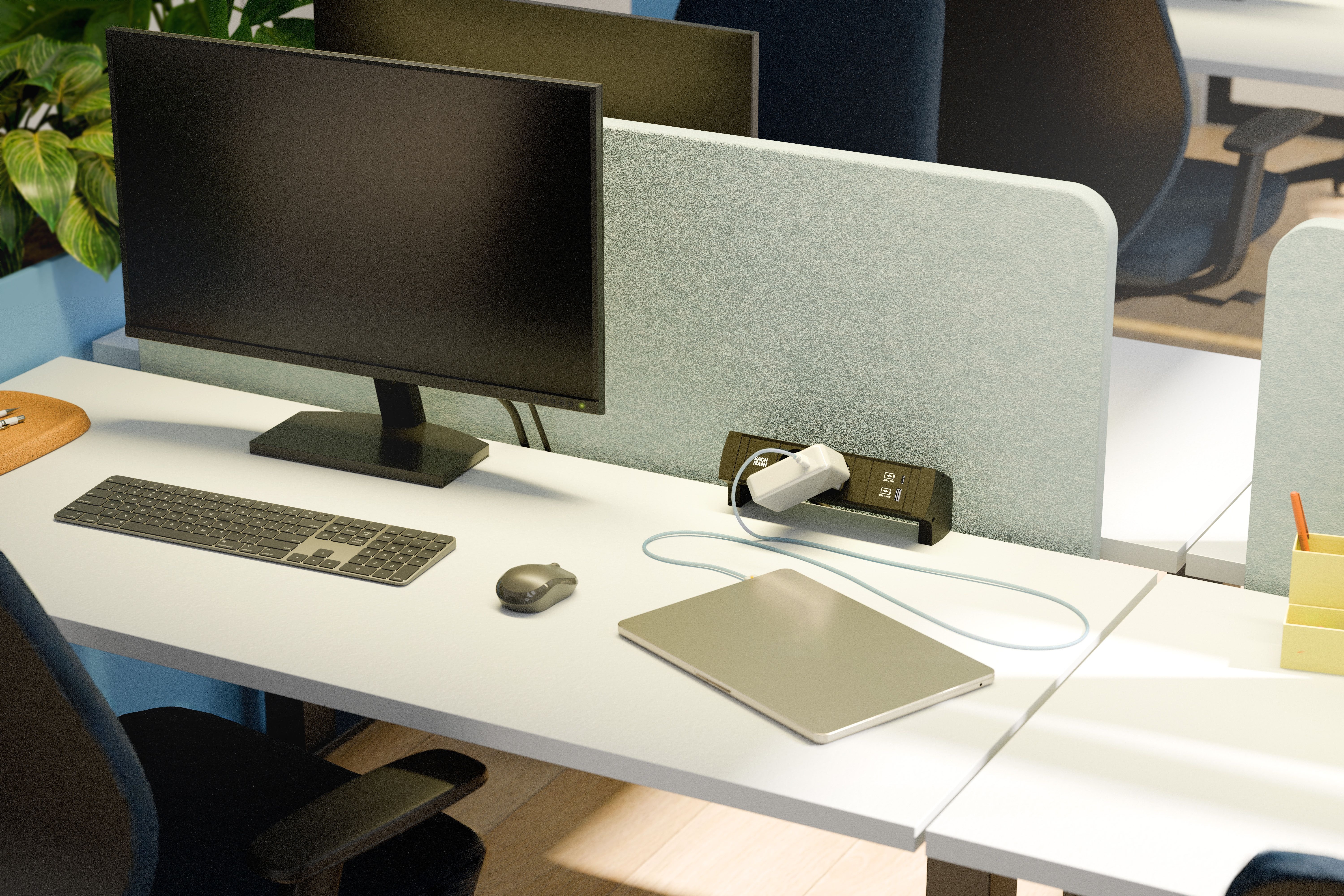 Bachmann BM0028977 Steckdosenleiste DESK STYLE, 2x Schutzkontaktsteckdose, 1x USB A/C 22 W, 2,0 m Schutzkontakt-Winkelstecker, mit Haltewinkel, schwarz