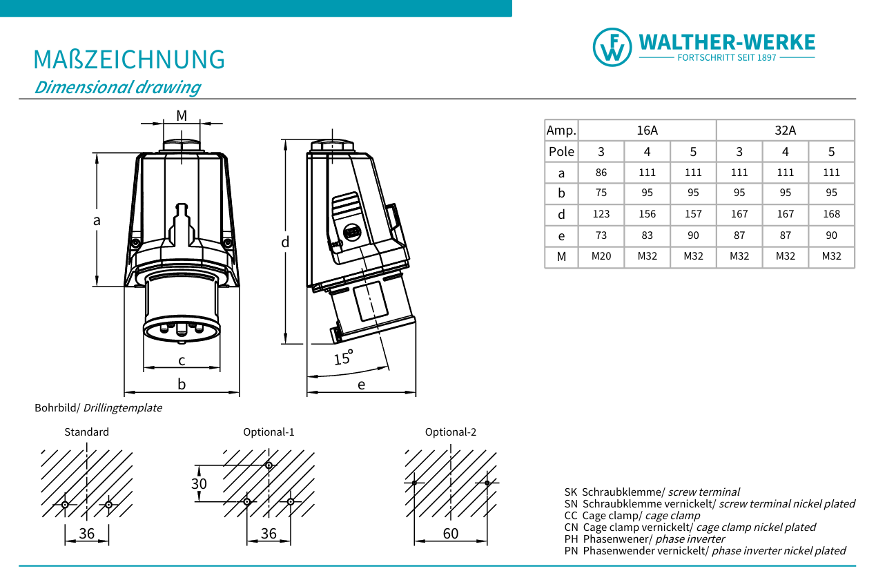 Walther Electric FW710506SK CEE NEO Wandgerätestecker schräg, 16A, 5P, 6h, IP54, mit Schraubtechnik