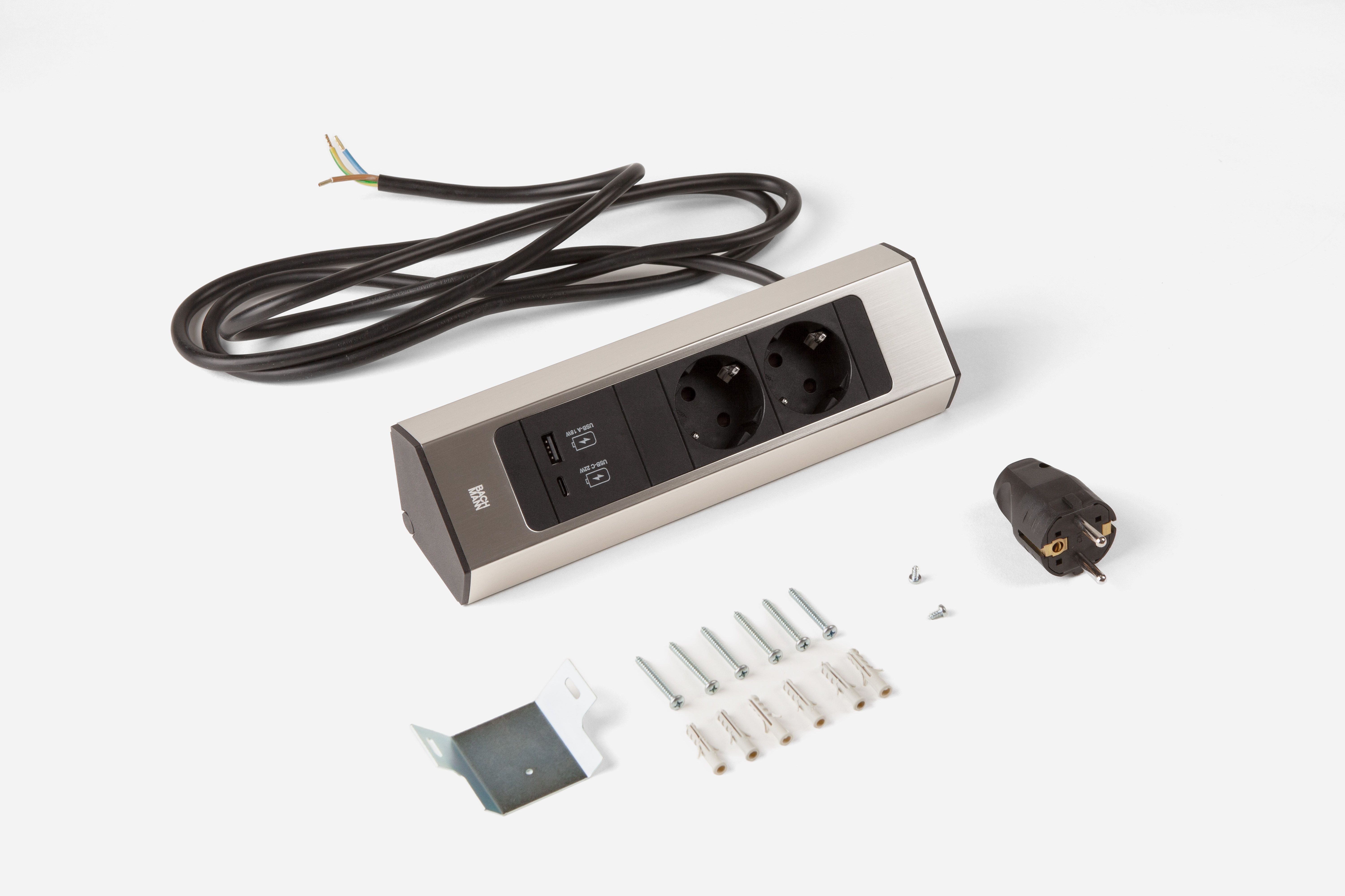 Bachmann 932.002 Steckdosenleiste CASIA 2 Kurz, 2x Schutzkontaktsteckdose, 1x USB A/C 22W, 2,0 m Aderendhülsen und beigelegter Montagestecker, edelstahl