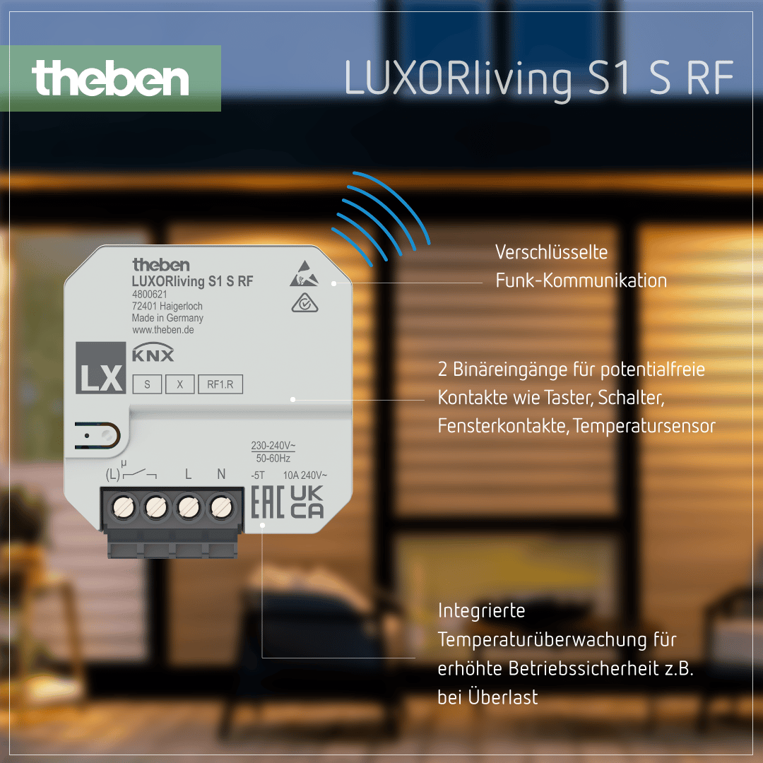 LUXORliving S1 S RF – Unterputz Funk-Schaltaktor zur Steuerung von elektrischen Verbrauchern Produktdetails zum LUXORliving S1 S RF UP-Funk-Schaltaktor für Smart-Home-Anwendungen