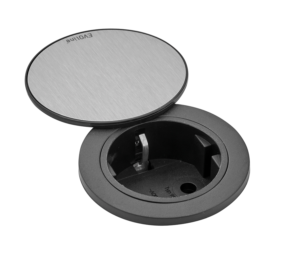 EVOline® 159280003900 One mit Drehdeckel und VDE-Steckdose, 16 A mit Berührungsschutz, Netzanschlusskabel 3 m, schwarz mit Edelstahleinleger