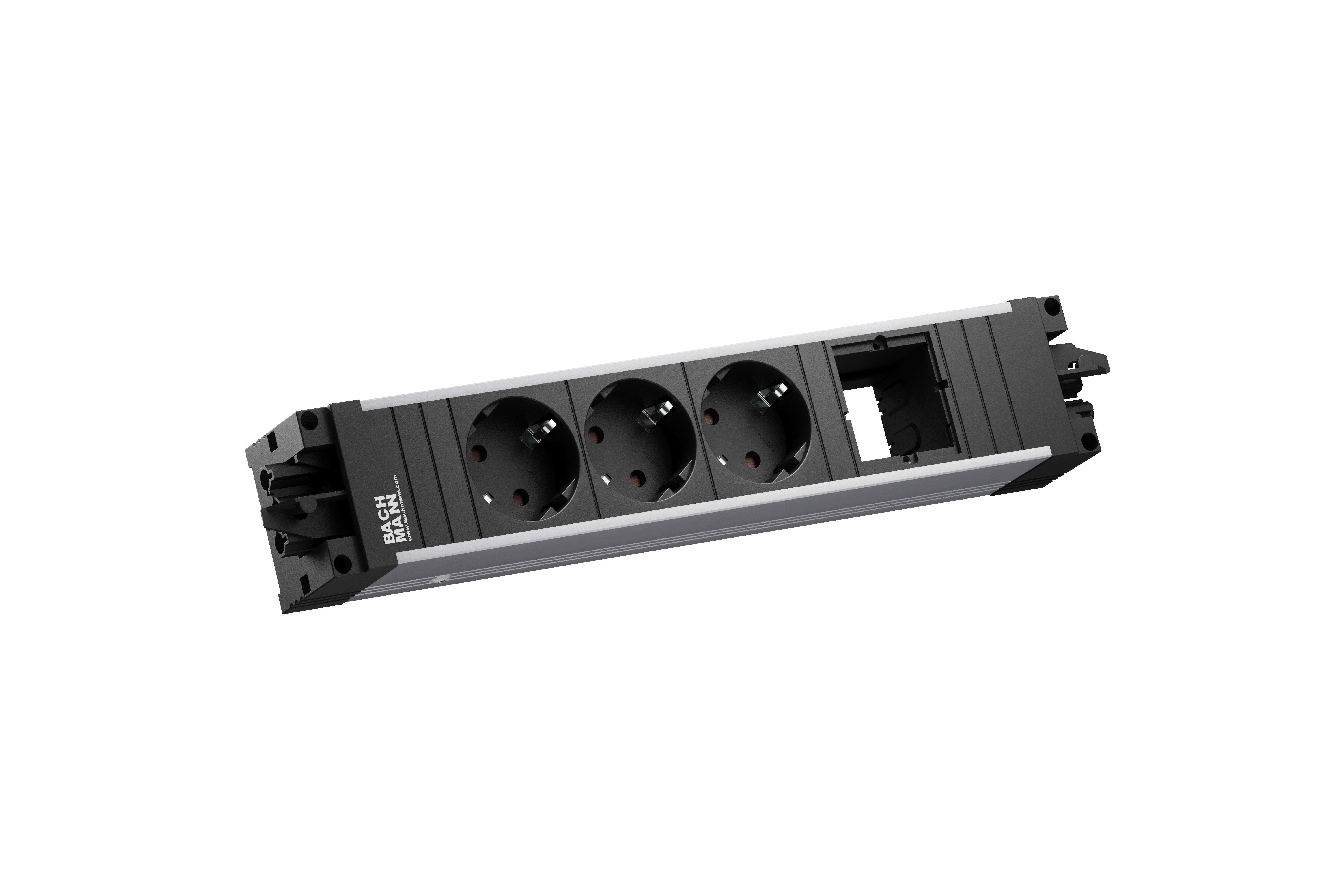Bachmann 906.0237 Modulare Steckdosenleiste STEP ALU, 3x Schutzkontaktsteckdose, 1x Custom Module, GST18, aluminium/schwarz