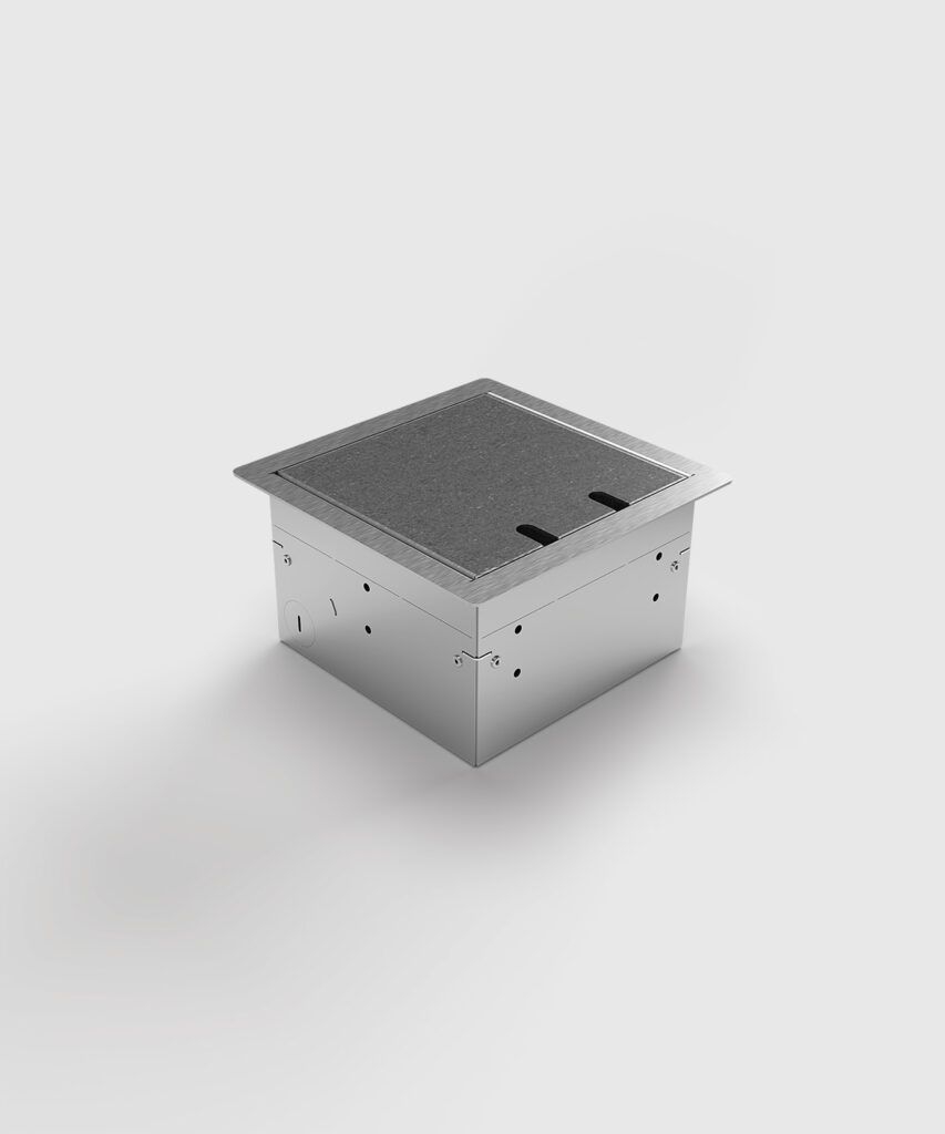 BS 8502B-1-0 Hohlbodentank, 2-fach, eckig, belegbar, Rahmen und Deckel aus Edelstahl, 2 Schutzkontakt-Steckdose