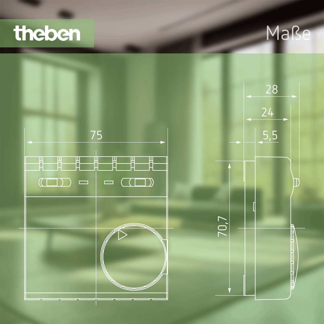 Maßblatt der Theben RAMSES 701 – Raumthermostat, Maße und technische Spezifikationen Maßblatt Theben RAMSES 701 – Raumthermostat, Maße und technische Details für präzise Installation