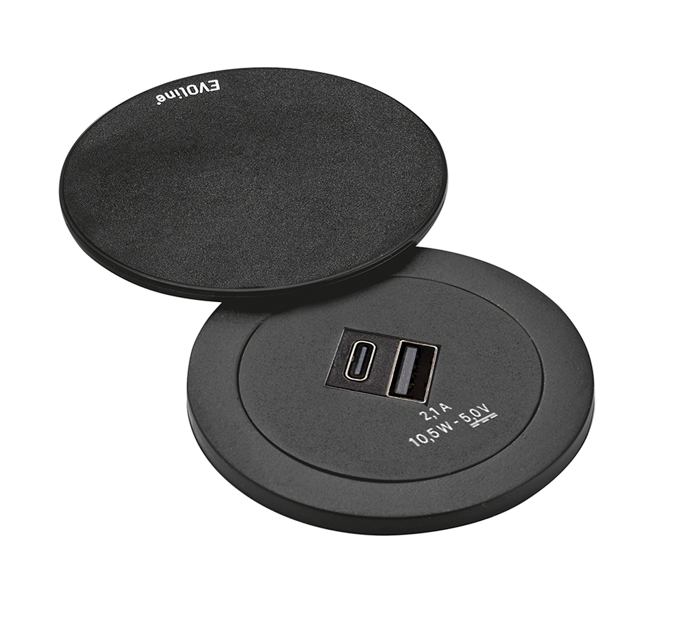 EVOline® 159280019000 One mit Drehdeckel und Doppel USB Charger Typ A + C, Netzanschlusskabel 3 m, schwarz