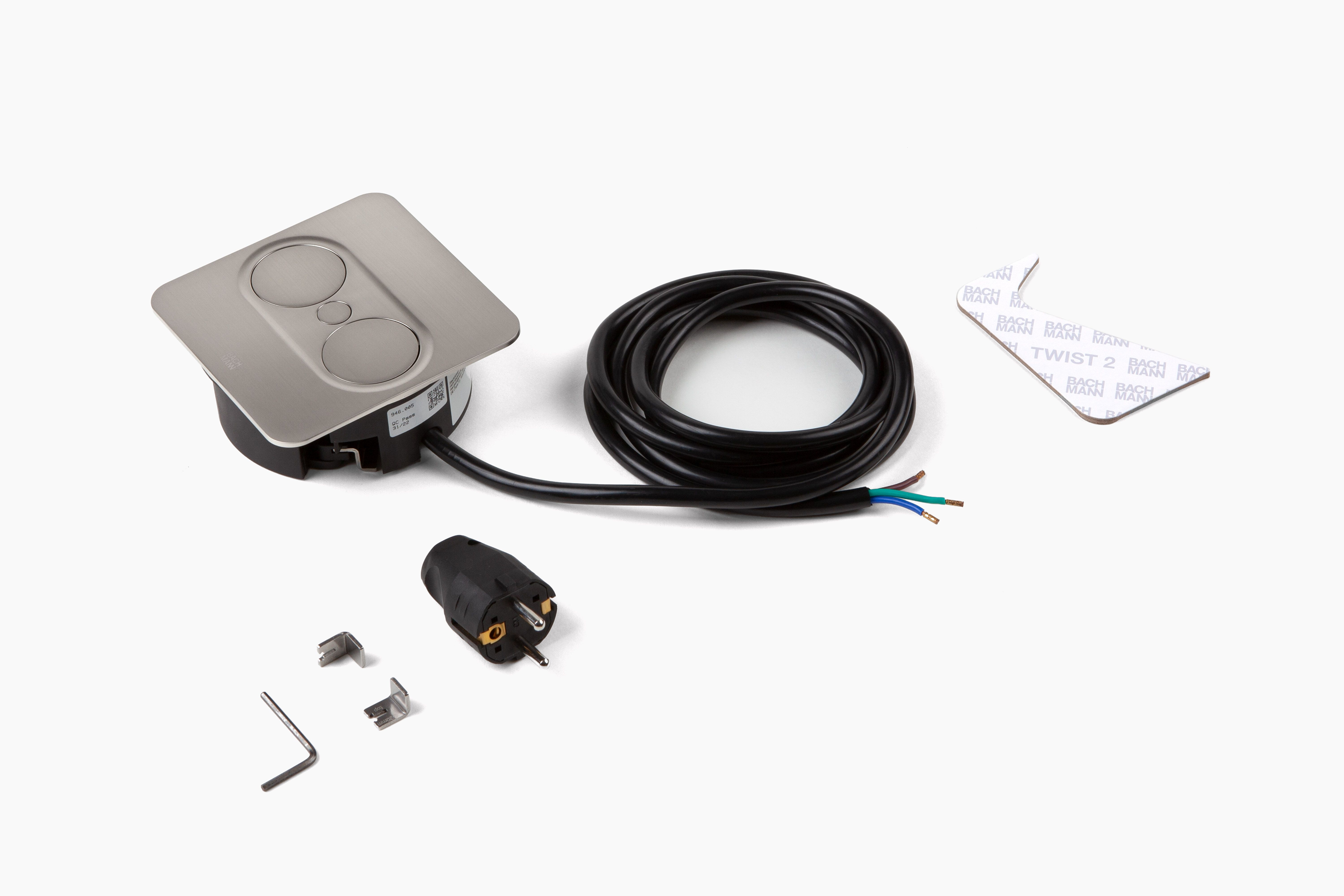 Bachmann 946.005 Steckdoseneinheit TWIST 2, 1x Schutzkontaktsteckdose, 1x USB A/C 22 W, 2,0 m Aderendhülsen und Montagestecker, eckig, edelstahl