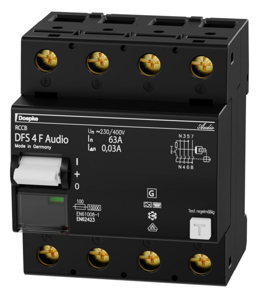 Doepke 09144846 FI-Schutzschalter DFS 4 063-4/0,03-F Audio, vierpolig, 63 A, 30mA, Typ F, für audiophile Anwendungen, N links