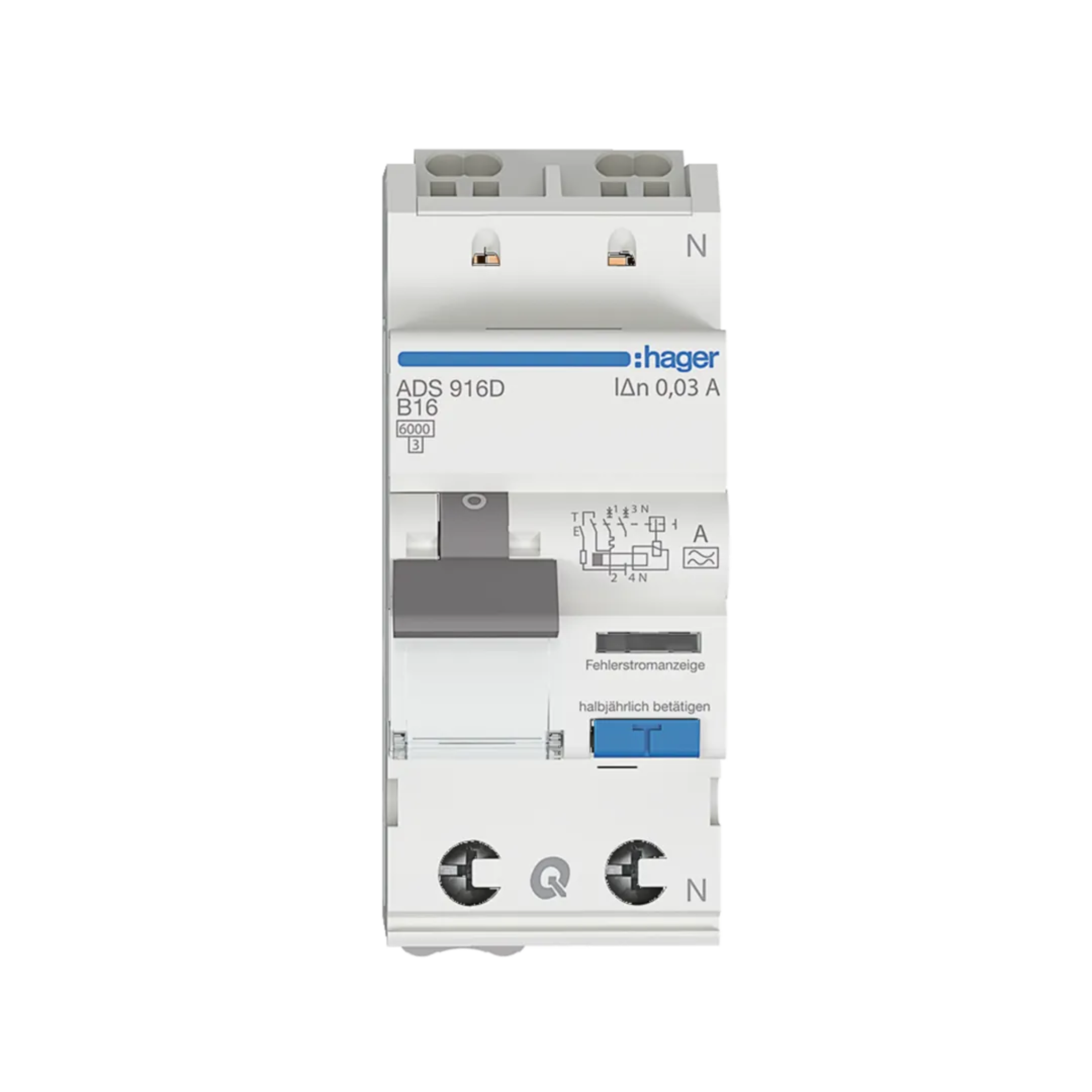 Hager ADS916D FI/LS-Schalter 1P+N, 6kA, B-Charakteristik, 16A, 30mA, Typ A, QuickConnect, Fehlerstrom-Leitungsschutzschalter