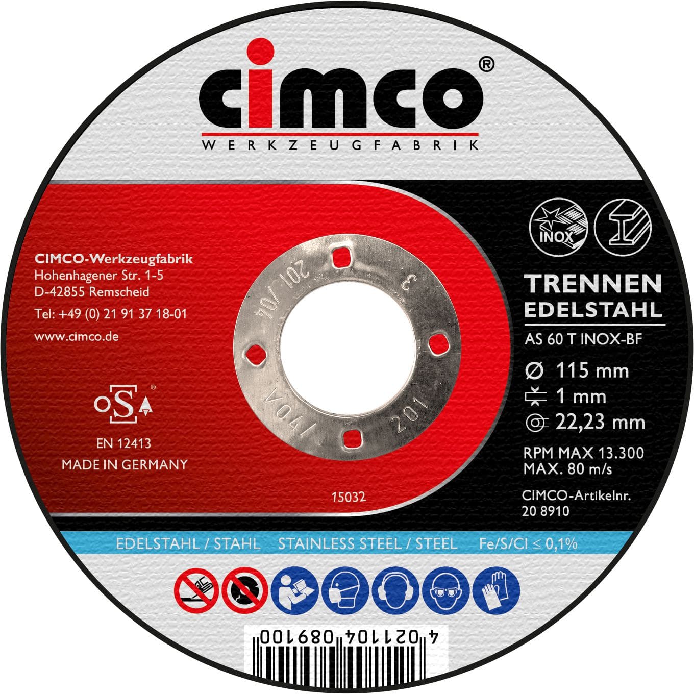 Cimco 20 8910 Korund-Trennscheibe Inox, Edelstahl, Scheiben-Ø 115 mm