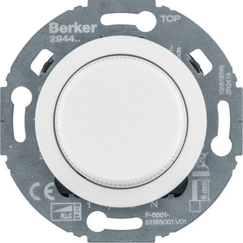 Berker 294410 Universal-Drehdimmer Komfort mit Zentralstück (R, L, C, LED), Serie 1930/Glas, polarweiß glänzend