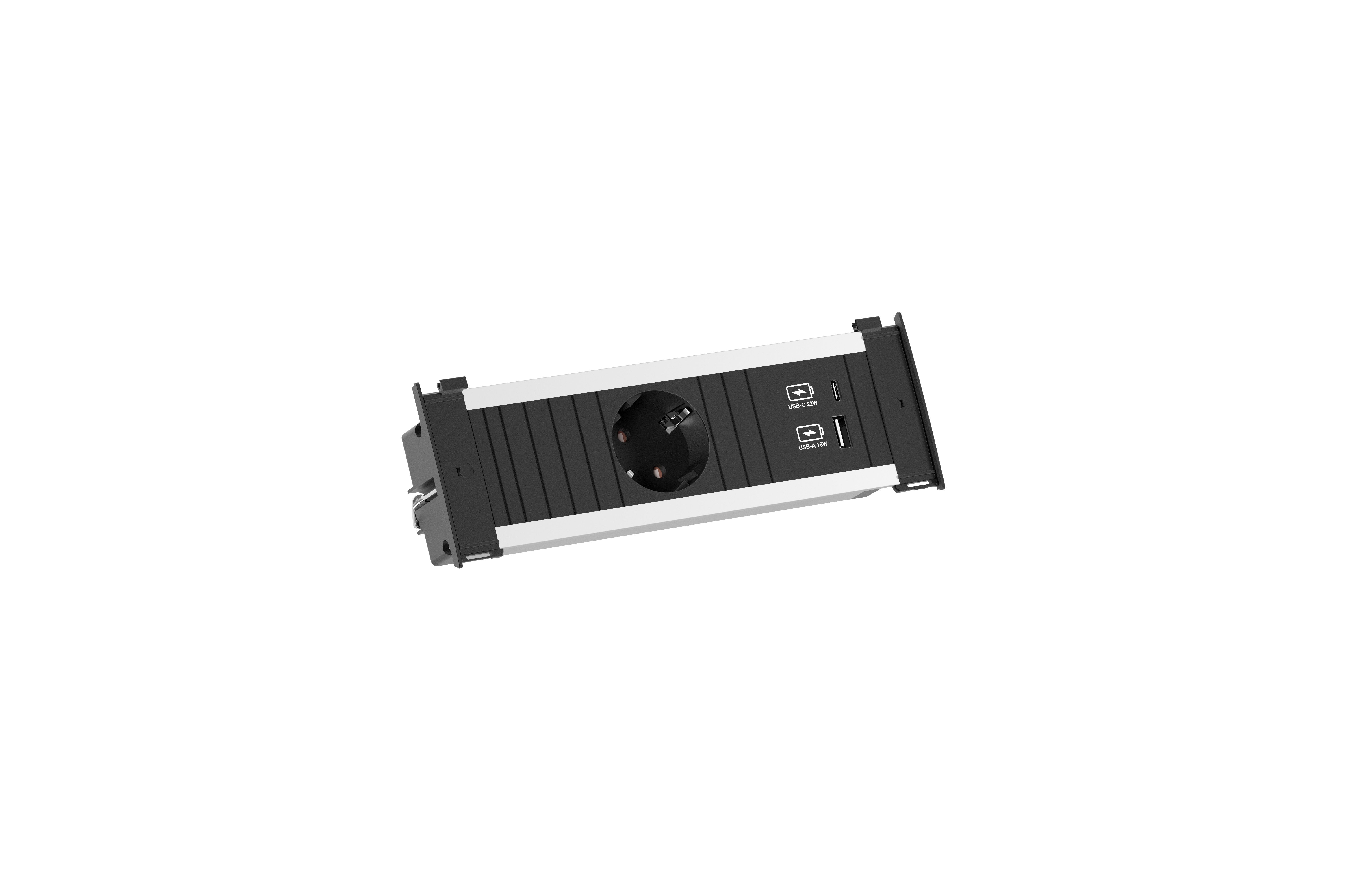 Bachmann 927.712 Steckdoseneinheit KAPSA Small, 1x Schutzkontaktsteckdose,  1x USB A/C 22 W, 2,0 m Schutzkontakt-Montagestecker, aluminium/schwarz